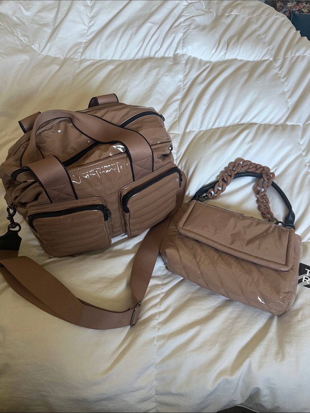 Think Royln Shiny Taupe Puffer Travel and Shoulder Bag Set